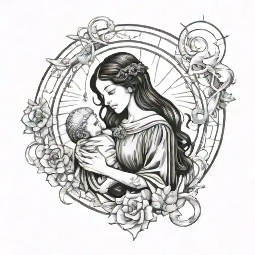 A Celestial Scene Featuring The Virgo Sign As A Beautiful Maiden Holding The Cancer Sign As A Baby