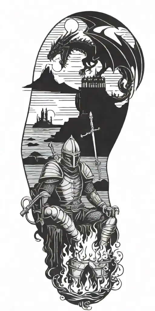 Medieval Knight Sitting By Camp Fire By The Ocean With Dragon And Castle In The Back