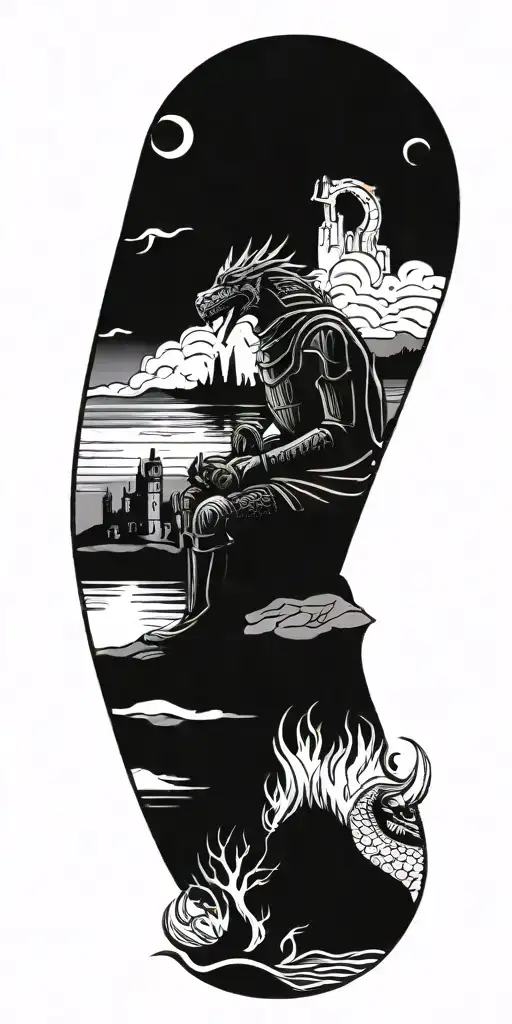 Medieval Knight Sitting By Camp Fire By The Ocean With Dragon And Castle In The Back With Sun In Sky