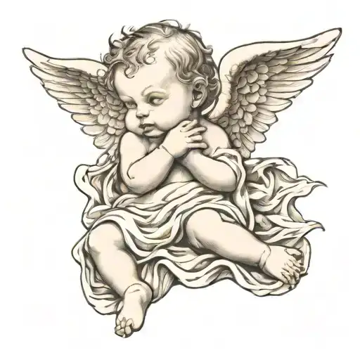 Full Body Baby Angel Floating Horizontally Covering Mouth Whispering Into Ear On Neck Tat