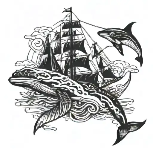 Sailing Yacht With Waves Whales Dolphins Lighthouse Turtles Sharks