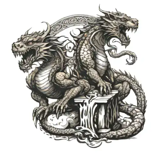 Brown Wood Dragon And Brown Earth Dragon Sitting On A Scale While The Tiger Is Clawing The Scale