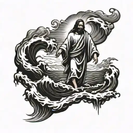 Jesus Walking On Water With Cross Surrounded