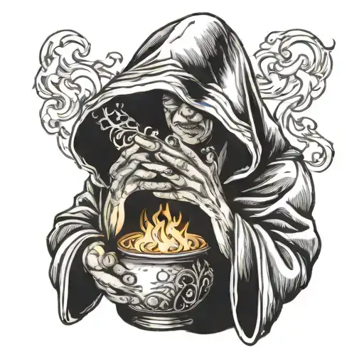 Hooded Old Woman Holding Fire In Cupped Hands