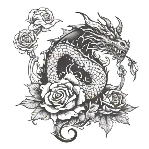 Black And White Dragon With Rose Surrounded