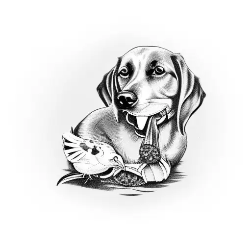 Hunting Dog Curled Up With A Dead Bird In Its Mouth