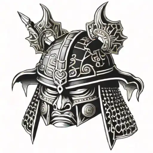 A Stylized Samurai Helmet With Intricate Dotwork Details
