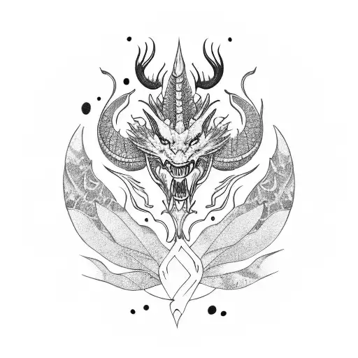 Elegant Dragon With Horns And Fierce But Friendly Facial Expression Surrounded By Tropical Plants