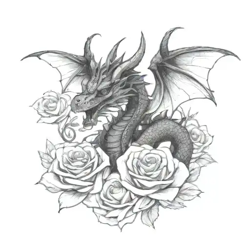 Black And White Dragon With Rose Surrounded