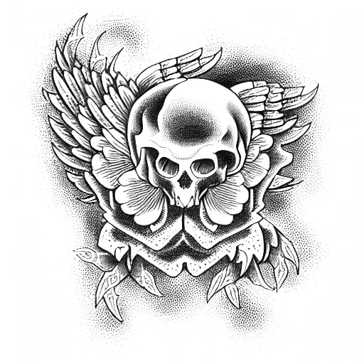 Red Blossom On Skull With Angels