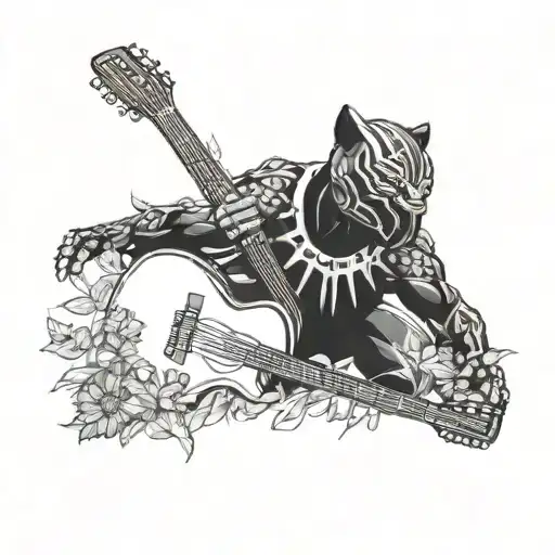 Surrounded By Dandelions There Is A Black Panther Animal Playing A Guitar With A Football Helmet