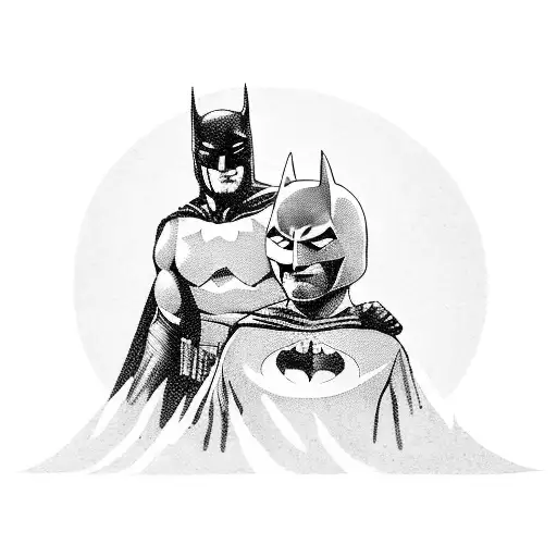 Father Dressed As Batman And Handed Down Batman Mask Holding Young Son's Hand As They Walk