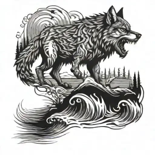 A Detailed Blackwork Tattoo Of A Angry Wolf Fishing In A Serene Lake