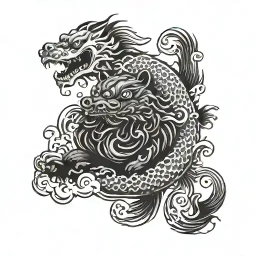 A Swirling School Of Koi Fish Surrounding A Meditating Foo Dog