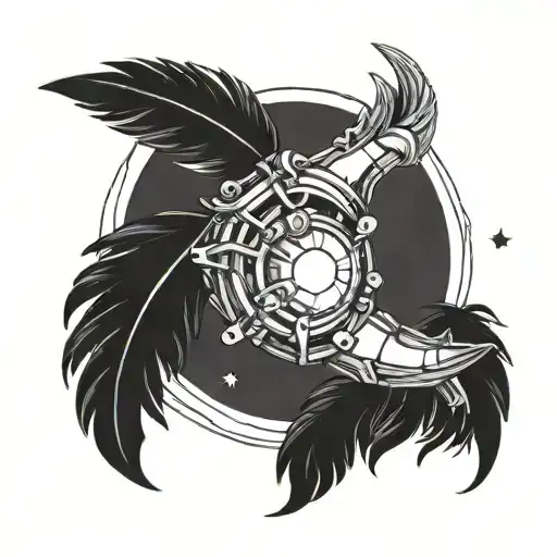 A Powerful Robotic Arm Holding A Crescent Moon With Feathers Floating Around It