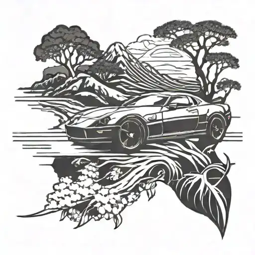 A Blackwork Tattoo Of A Sleek Japanese Sports Car Racing Through The Australian Outback