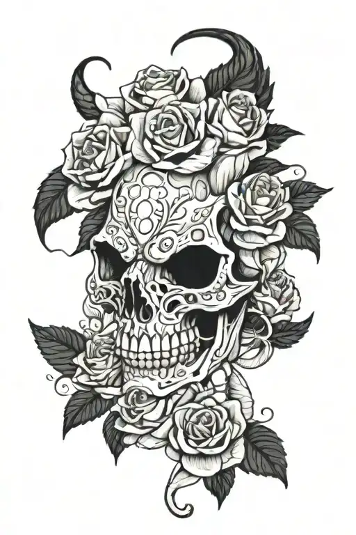 Dragon Skull And Roses Intertwined