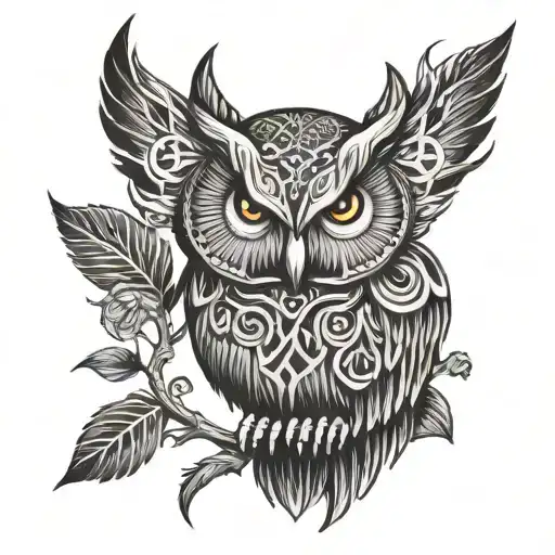 An Owl With Viking Runes And Symbols Incorporated Into Its Feathers