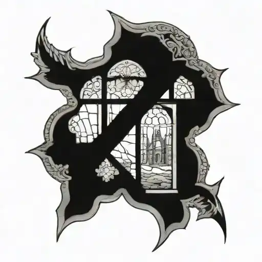 An Intricate Blackwork Tattoo Of A Stained Glass Window Featuring A Scene From The Bible