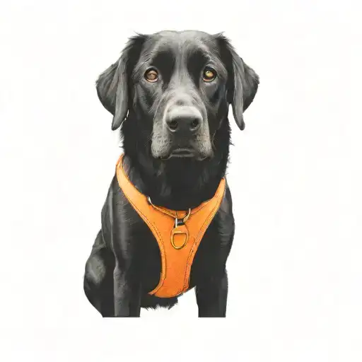 A Black Dog Wearing An Orange Harness