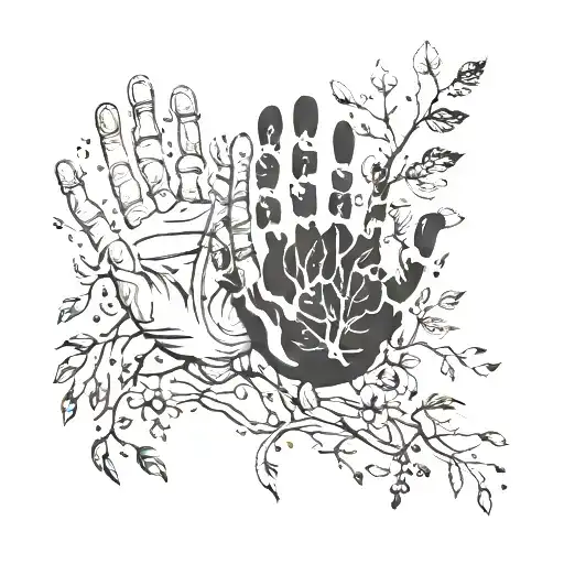 A Tattoo Design Of Your Kids' Handprints Intertwined With Nature Elements Like Leaves And Flowers