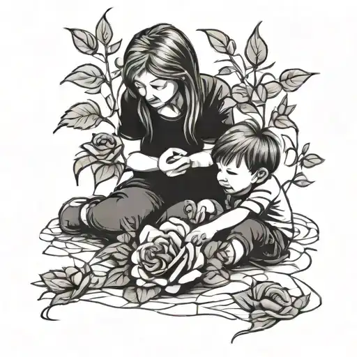 Teenage Woman Giving A Rose To Little Boy Who Is Crying On The Floor