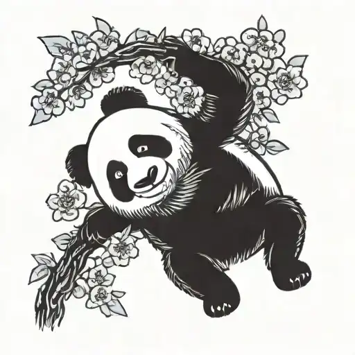 Panda Hanging Upside Down With Paws Out On A Cherry Blossom Tree
