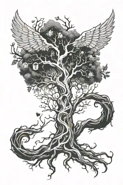 Angle Wings Integrated With A Tree With A Human Heart As Roots