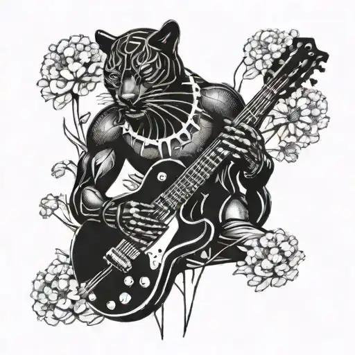 Surrounded By Dandelions There Is A Black Panther Animal Playing A Guitar With A Football Helmet