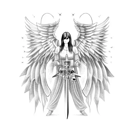 Angel With Long Wings Wearing Ancient Armor Holding A Sword And A Shield