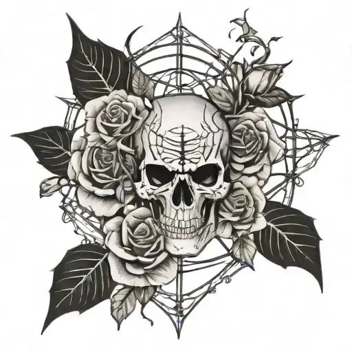 Skull Spider Cobwebs And A Rose