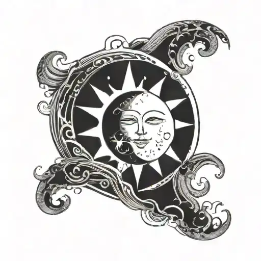 A Minimalistic Design Of A Sun And Moon Merging Together Over The Ocean
