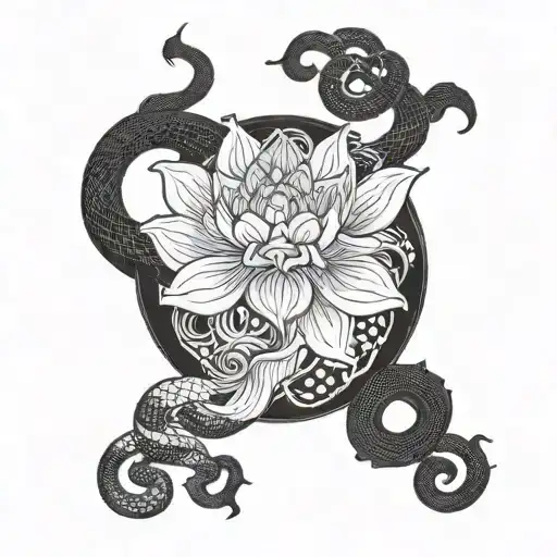 Black Work Chinese Demon Lotus Flower And Snake