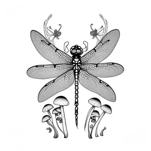 Dragonfly With Flowers And Mushrooms And Plants And A Frog