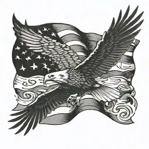 Eagle Flying In Front Of American Flag