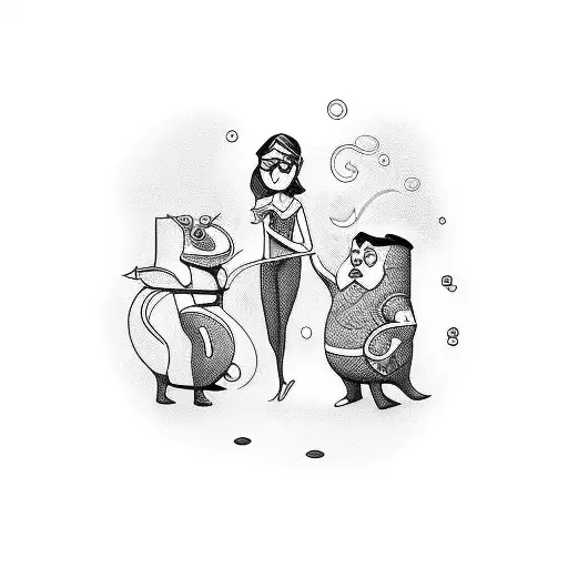 A Teacher Surrounded By Swimming Cartoon Characters