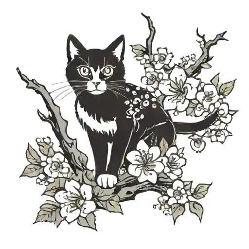 An Elegant Tattoo Of A Cat Surrounded By Falling Cherry Blossoms In A Japonish Style