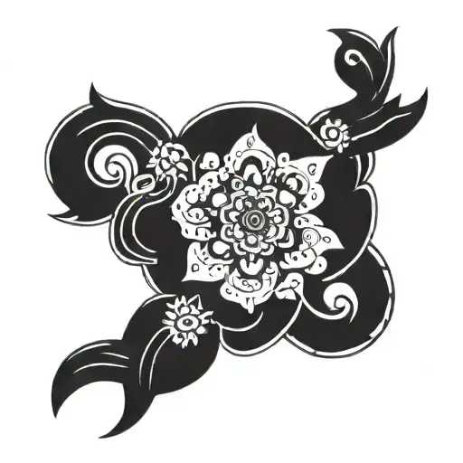 A Tattoo Combining The Gemini Symbol With Traditional Polish Folklore Motifs In A Blackwork Style