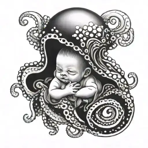 Human Baby Under A Rainbow In Octopus Head