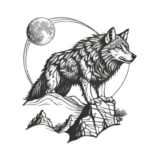 A Detailed Blackwork Tattoo Of A Majestic Wolf Howling At The Moon While Standing On A Mountain Peak