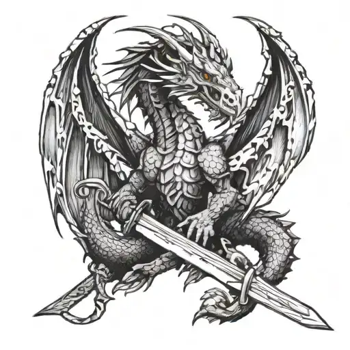 Dragon With Open Wings Embracing A Sword