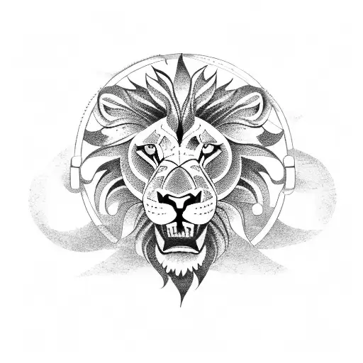 A Detailed Blackwork Tattoo Of A Lion Playing A Musical Instrument In A Forest