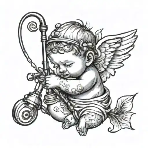 Baby Angel Holding Fishing Rod Sleeping