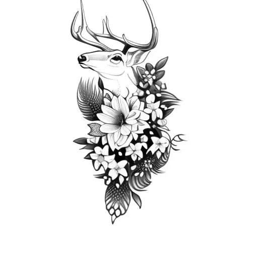 A Deer With Lilies Of The Valley And Butterflies And Feathers With Birdsr