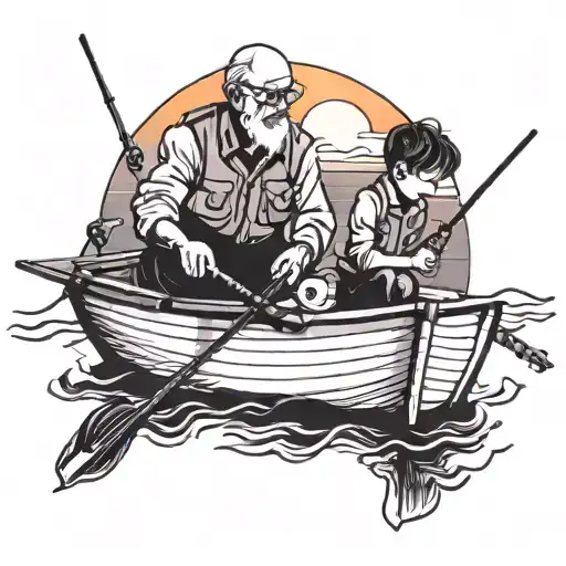 Grandpa And Grandson On Boat Fishing In Water With Sunset