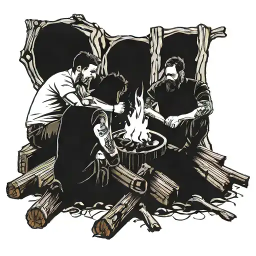 3 Men Sitting In A Circle Around A Campfire On Two Long Wooden Logs