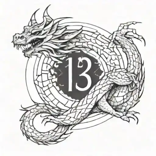 A Geometric Minimalist Design Of A Dragon Circling Around The Number 13