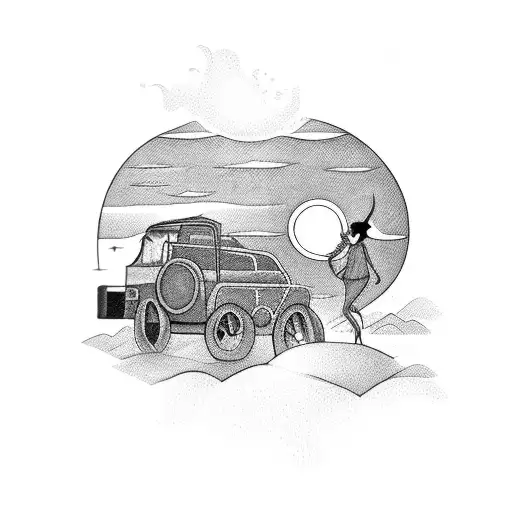 A Coach Ridning Towards A Sunset Two Figures