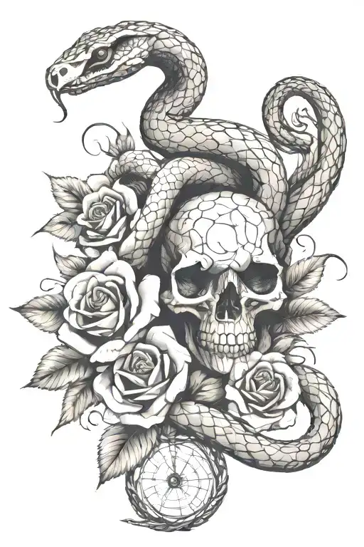 Snake Wrapped Loosely With Rose In The Middle And Part Of Snake Skeleton Showing