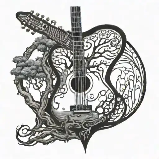 A Sketch Style Design Of A Guitar Morphing Into A Tree Of Life